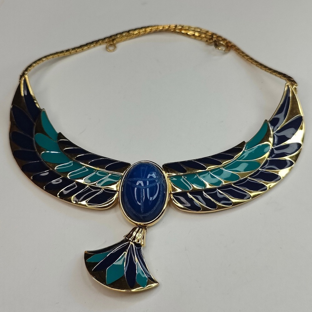 1980s Franklin Mint Egyptian Revival Necklace, Chalcedony Scarab, Enamel Wings